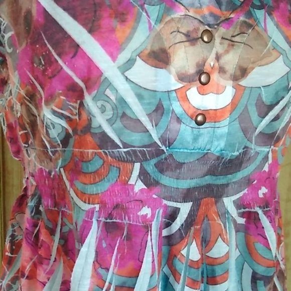 Unity World V Neck Crinkle Top Tunic Boho Blue S - Picture 2 of 6